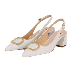 Adrienne Vittadini Gert Block Heel Pumps Ivory w/ Gold Framed Buckle Sz 9.5M NEW